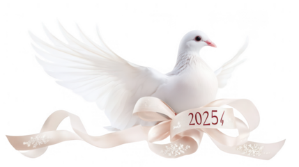 Delicate Dove Carrying Ribbon with "2025," Symbol of Peace and New Beginnings, PNG File, Transparent Background