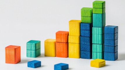 Obraz premium Colorful wooden blocks arranged in a bar graph layout symbolize data growth, perfect for business analysis and education themes.