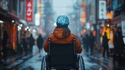 Obraz premium A wheelchair user explores lively city streets aglow with lights at twilight