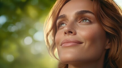 Fototapeta premium A woman gazes at the sky, her face filled with wonder, a tree looming behind