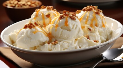 A bowl of creamy vanilla ice cream, drizzled with caramel sauce and topped with crunchy pecans, a classic dessert perfect for any occasion.