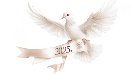 Delicate Dove Carrying Ribbon with "2025," Symbol of Peace and New Beginnings, PNG File, Transparent Background
