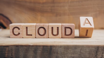 Wooden blocks spelling out the word  Cloud AI  on a desk or table surface representing the concept of cloud computing cloud storage and cloud based technology and services  The minimal