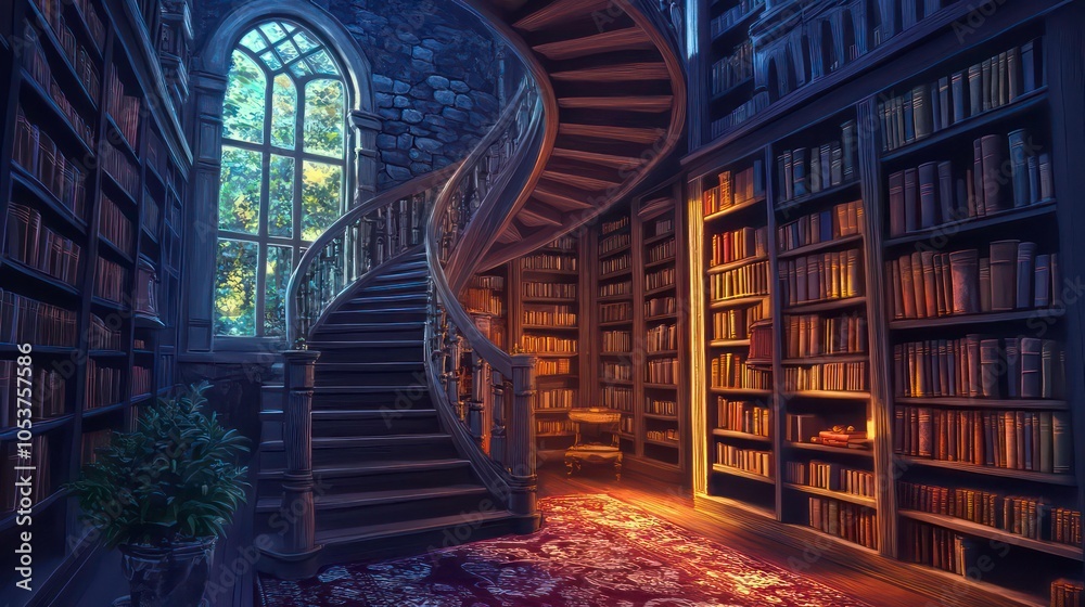Poster a spiral staircase leads up to a large, arched window overlooking a lush garden. the room is lined w