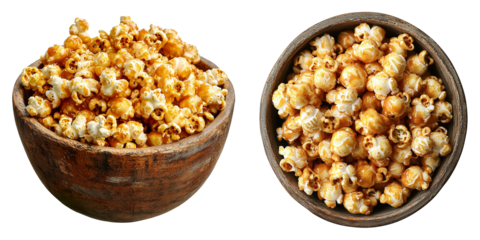 Rustic Bowls with Caramelized Popcorn, Isolated on Transparent Background, Suitable for Movie Night Promotions and Gourmet Snack Advertisements