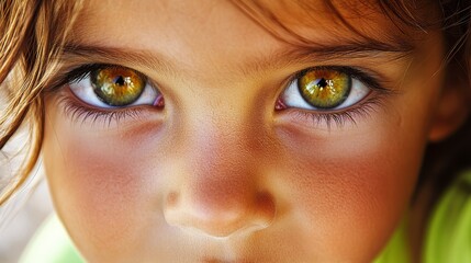 Naklejka premium A child's face, eyes blue and green, wears a green T-shirt in this close-up