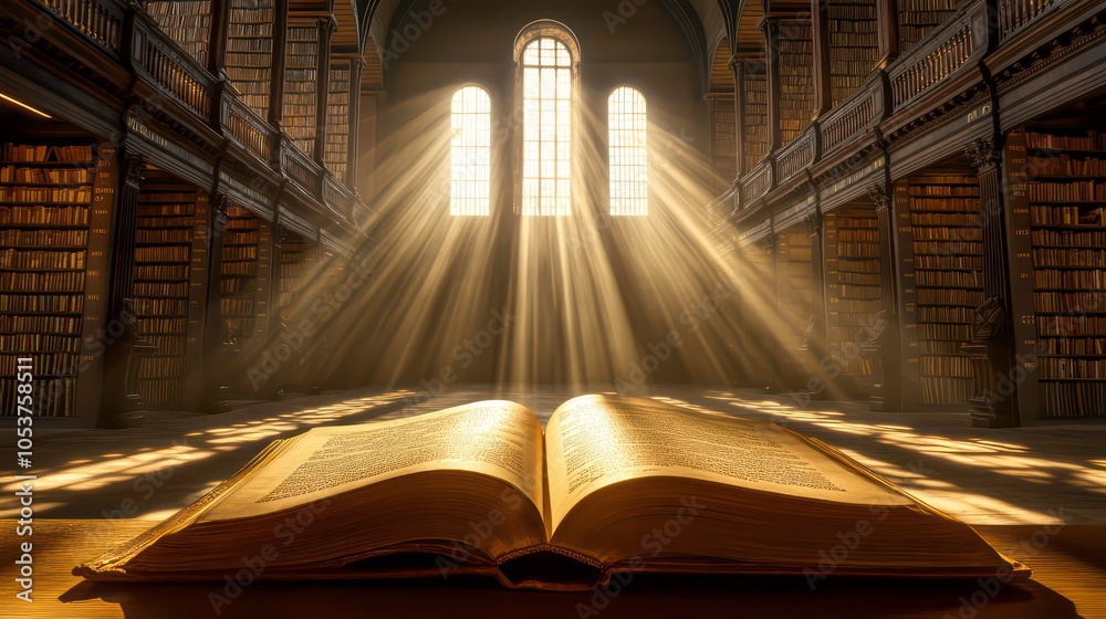 Poster a sunlit library with an open book, highlighting knowledge and enlightenment.