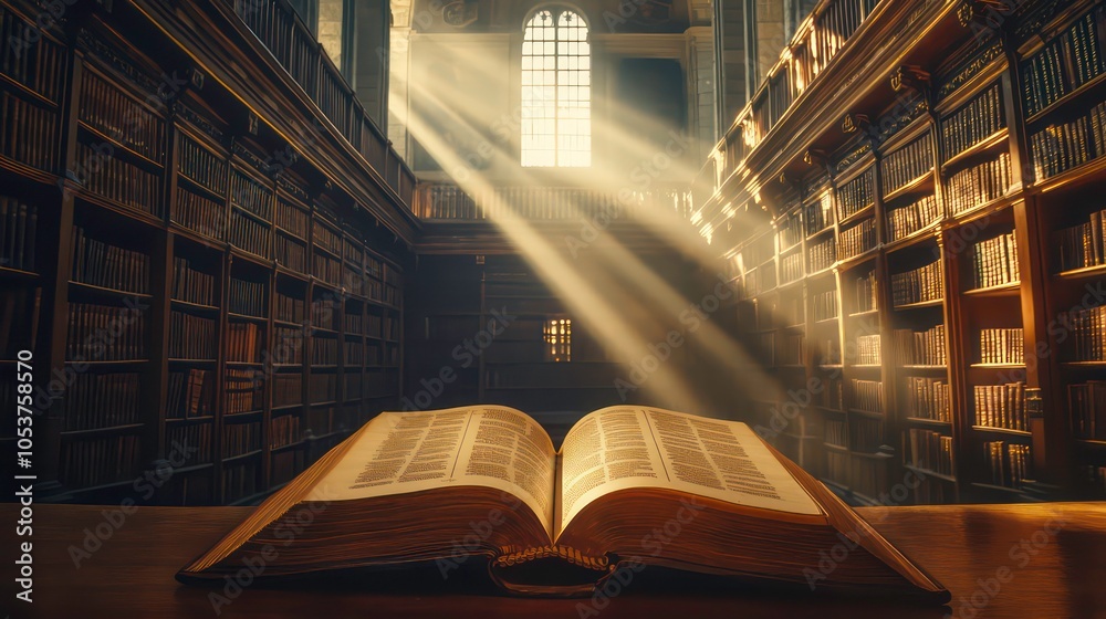 Poster a sunlit library with an open book, showcasing knowledge and tranquility.