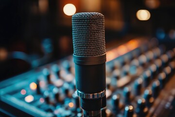 Professional microphone recording audio in a music studio