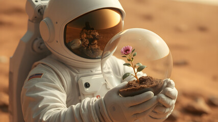 Astrounot holding an seedling flower in aquarium in space suit on Mars. AI generated image, ai.