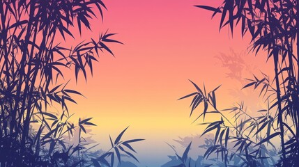 Silhouettes of bamboo leaves against a colorful sunset sky.