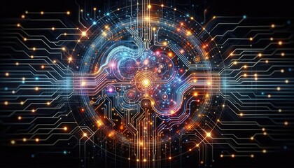 Fototapeta premium High-Resolution Digital Illustration of Machine Learning with Abstract Neural Networks, Interconnected Circuits, and Algorithmic Data Paths in a Futuristic Style