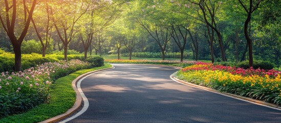 Obraz premium Winding road through a lush park with vibrant flowers and dappled sunlight.