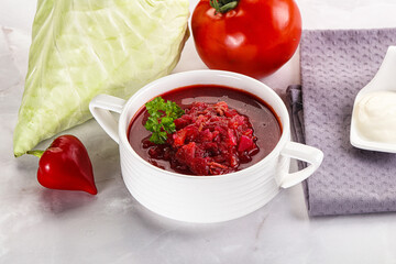 Borsch soup with cabbage and beetroot