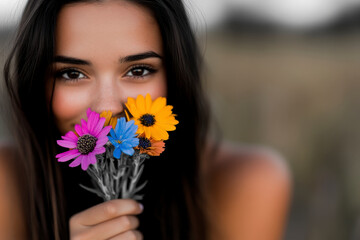 Naklejka premium A collage featuring two images side by side. The first image shows a young, woman holding a bouquet of wildflowers.