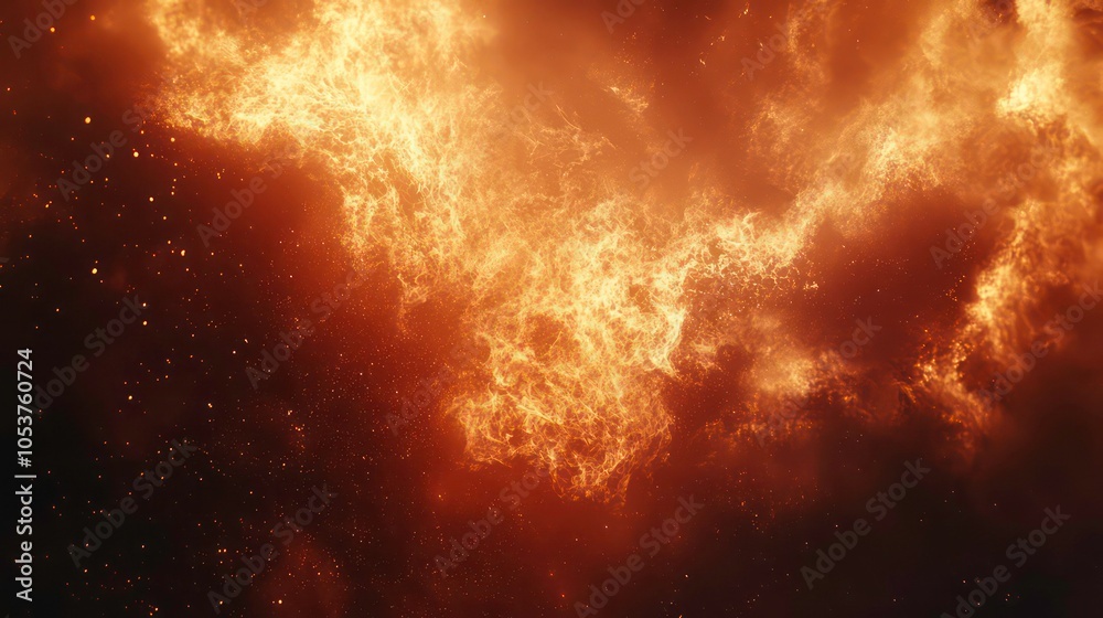 Poster Abstract fiery clouds with glowing particles against a dark background.
