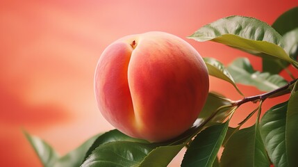 A single ripe peach on a branch with green leaves against a blurred red background.