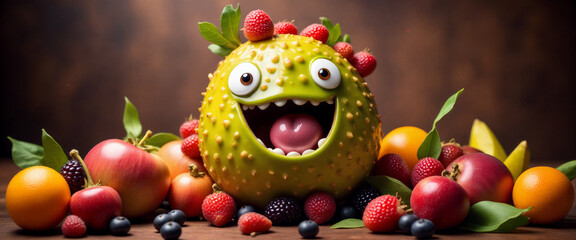 A playful green fruit character surrounded by vibrant berries and apples in a warm, inviting setting