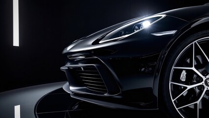 Luxury Sports Car in Dramatic Low-Key Lighting with Illuminated Headlights on Black Background