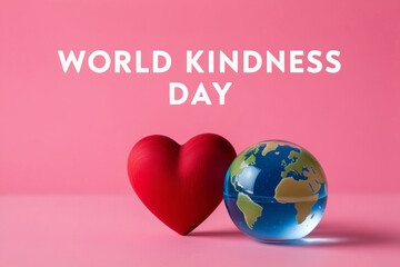 Red wooden heart with text "World kindness day" and glass planet on pink background. Health insurance, donation, happy charity volunteer concept, world mental health day, self care concept. AI