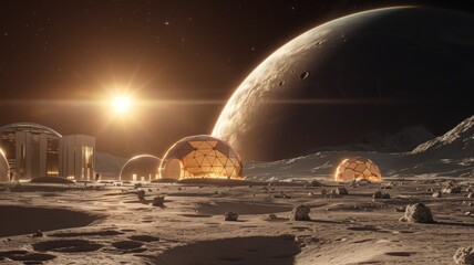 Futuristic lunar colony with geodesic domes and distant planet under starry sky.