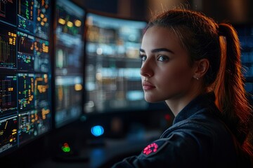 Naklejka premium Woman Looking Away from Computer Screens with Data Displayed