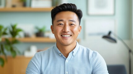 Obraz premium Cheerful and smiling Korean man enjoying a relaxing massage treatment in a soft blurred indoor setting with a serene tranquil atmosphere