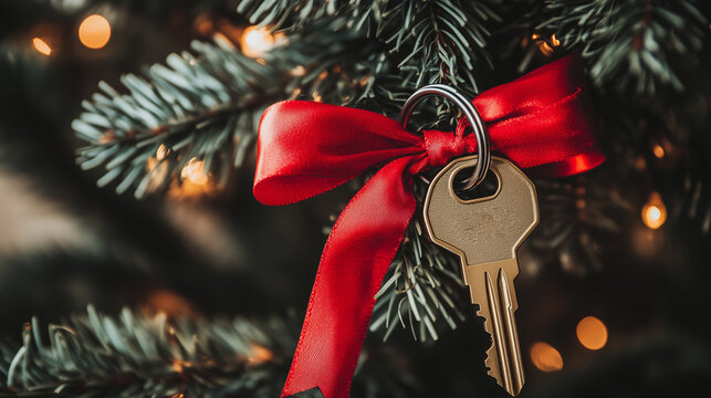 A key hanging from a Christmas tree branch. The key is decorated with a bright red bow, symbolizing a gift or a new home.