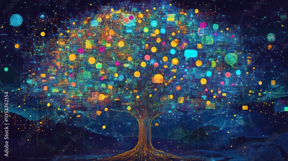 Aufkleber A vibrant tree filled with colorful data points, symbolizing knowledge and interconnectedness.