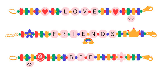 Three colorful beaded bracelets with charms and letter beads spelling love, friends, and bff, celebrating friendship, love, and connection