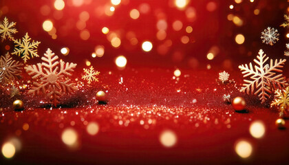 Festive Red Christmas Background with Golden Snowflakes and Bokeh Lights