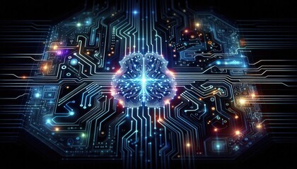 Fototapeta premium High-Resolution Digital Illustration of Machine Learning with Abstract Neural Networks, Interconnected Circuits, and Algorithmic Data Paths in a Futuristic Style