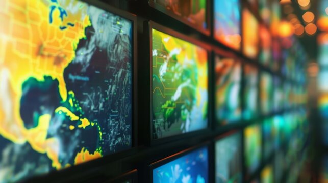 Multiple screens are displaying weather forecast maps with a hurricane forming in the ocean. The bright colors show the intensity of the storm