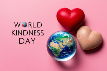 Red wooden heart with text "World kindness day" and glass planet on pink background. Health insurance, donation, happy charity volunteer concept, world mental health day, self care concept. AI