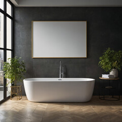 Modern Minimalist Bathroom Bathtub With A Large  Frame On The Wall, Interior Design Wall Art Mockups