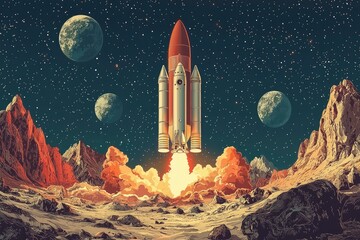 Naklejka premium Rocket Launch on a Planet with Three Moons
