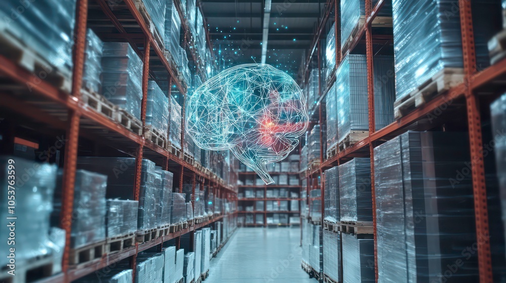 Poster a digital brain visualization in a warehouse, symbolizing technology and innovation.