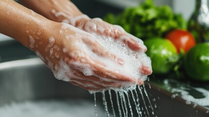Fototapeta premium Close up of hands thoroughly washing a kitchen knife under running water in a sink using soap to remove bacteria and keep food surfaces clean and sanitized