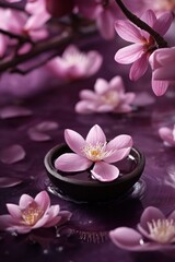 Cherry blossoms delicately resting on purple water.