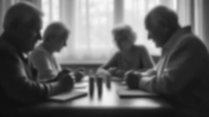Fototapeta premium A group of elderly people sitting at a table in a nursing home playing board games