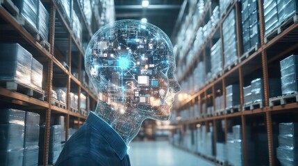 A digital human head filled with circuits in a warehouse setting, symbolizing technology and industry.