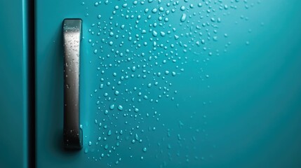 Close up view of a refrigerator handle covered in water droplets suggesting the transfer of germs from unwashed hands and the need for proper sanitization
