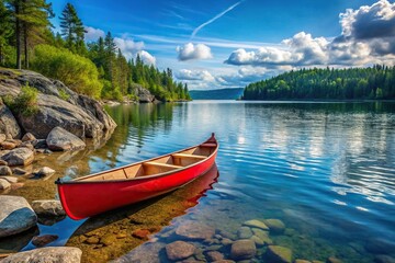 Red canoe resting on rocky shore of calm blue lake aerial view