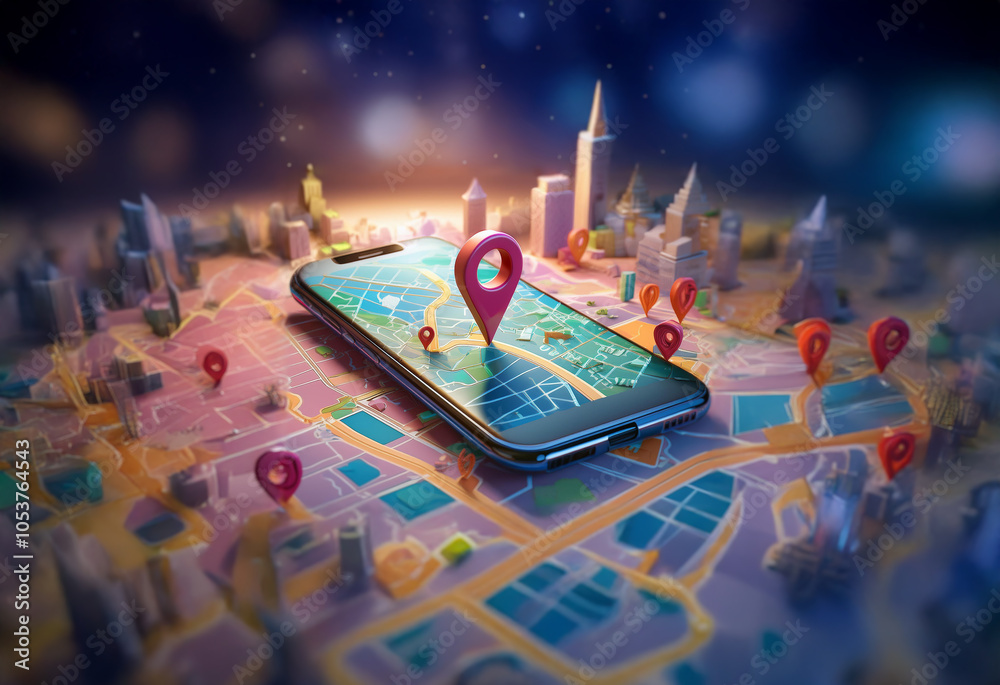 Leinwandbilder A smartphone with a map on the screen with a large red pin in the center. Several smaller red pins are scattered throughout the map.