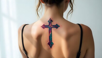 Cross tattoo on back meaning faith, spirituality, and sacrifice isolated on a white background with copy space