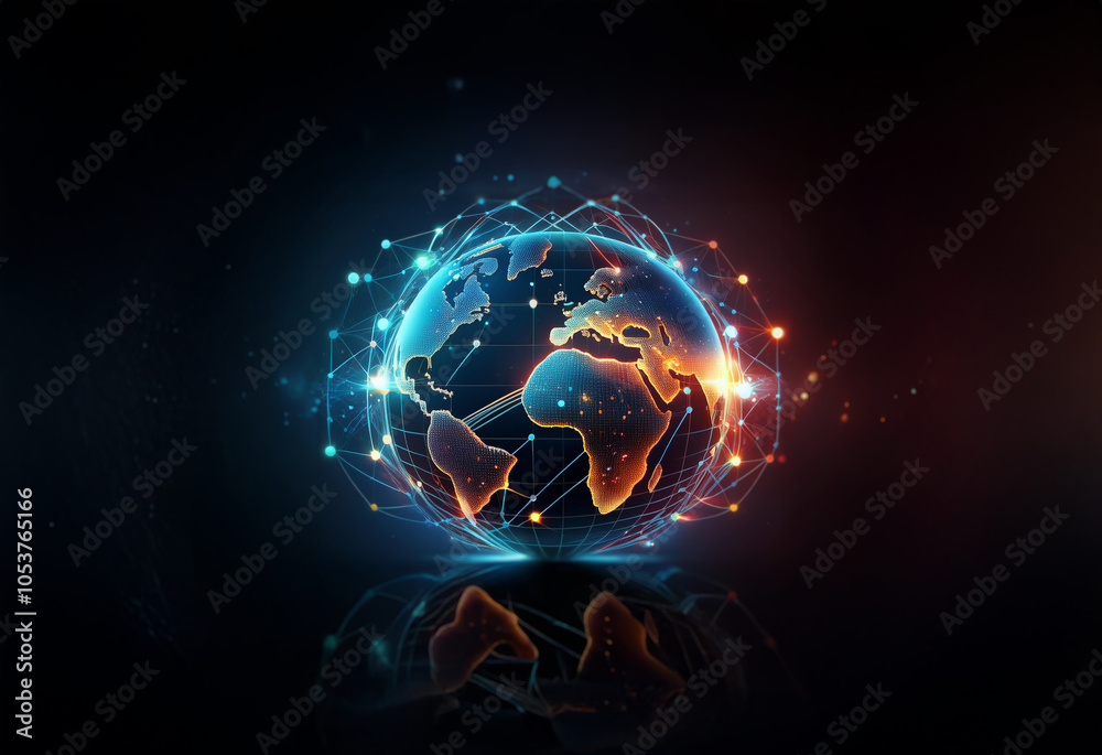 Aufkleber a glowing digital globe with network connections over a black background reflecting light.