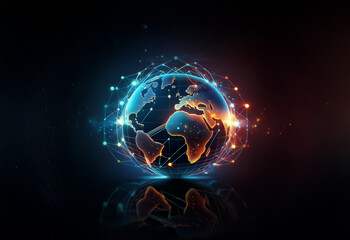 Obraz premium A glowing digital globe with network connections over a black background reflecting light.