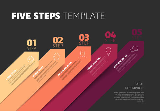 Red diagonal five arrows steps infographic template with icons and descriptions on dark background