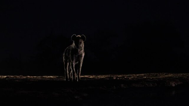 a young spotted hyena walking into the night.