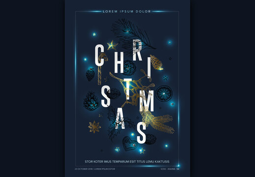 Modern Christmas card template with big letters dark blue background and lights